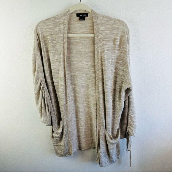 Trouvé Tan White Linen Blend Open Front Cardigan Size XS/S Long Line - Picture 1 of 3